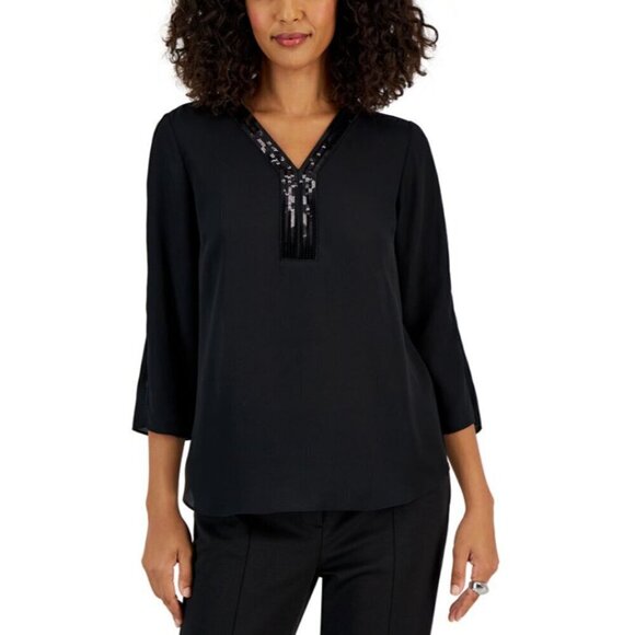 JM Collection Petite Small Black Sequined-Trimmed Y-Neck 3/4-Sleeve Top NWT - Picture 1 of 3